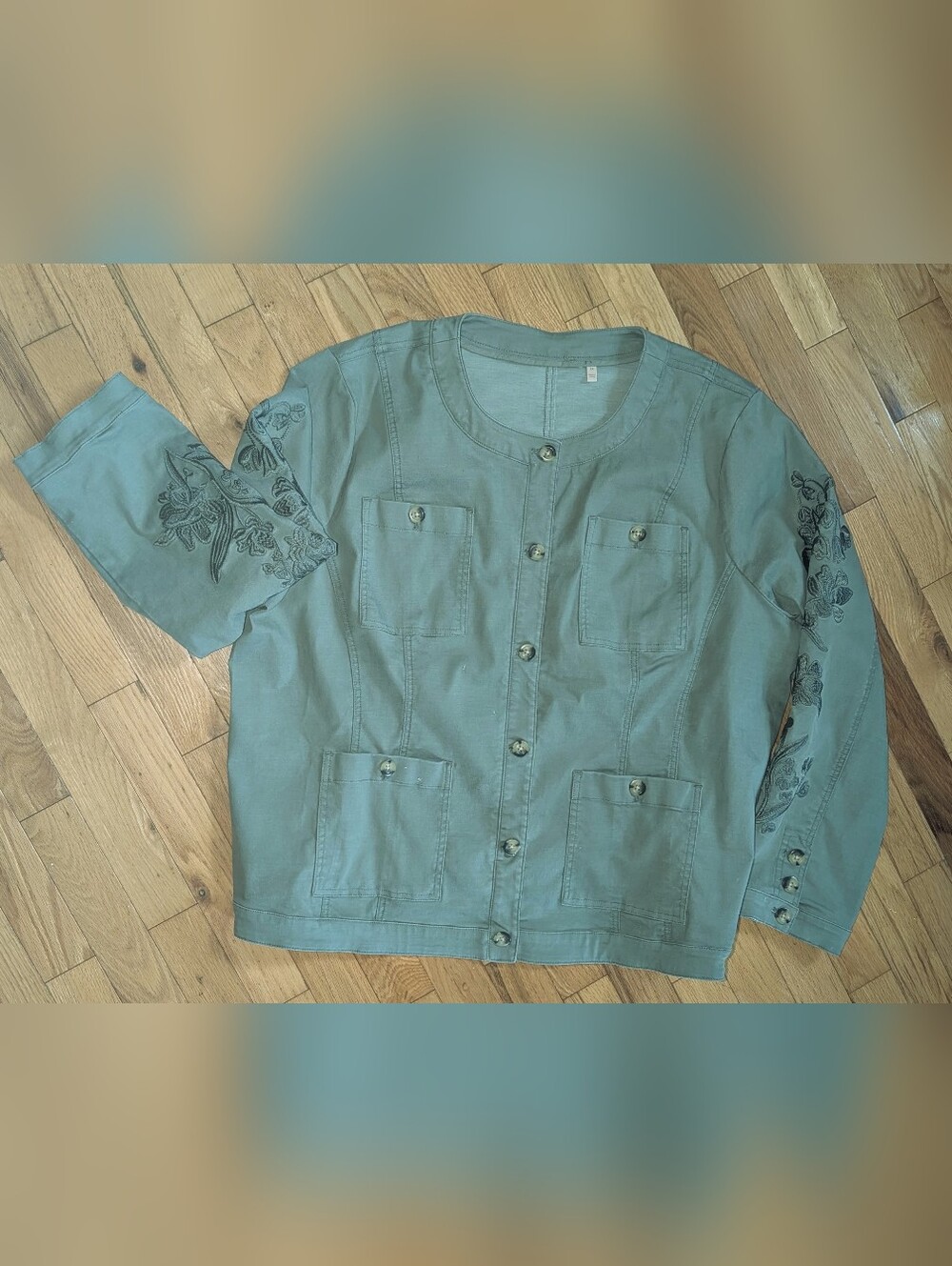 Soft Surroundings Frosted Sage Green Embroidered Stretch Short Jacket Size 2X